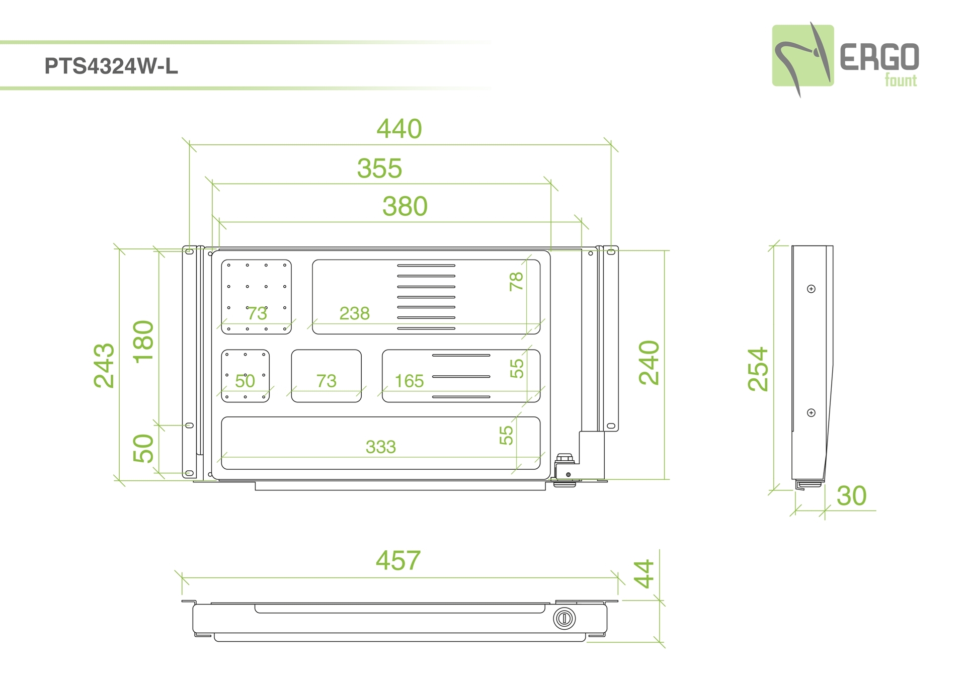 ErgoFount PTS4324W-L - Выдвижной ящик-органайзер с замком для канцелярских принадлежностей под стол, средний, белый