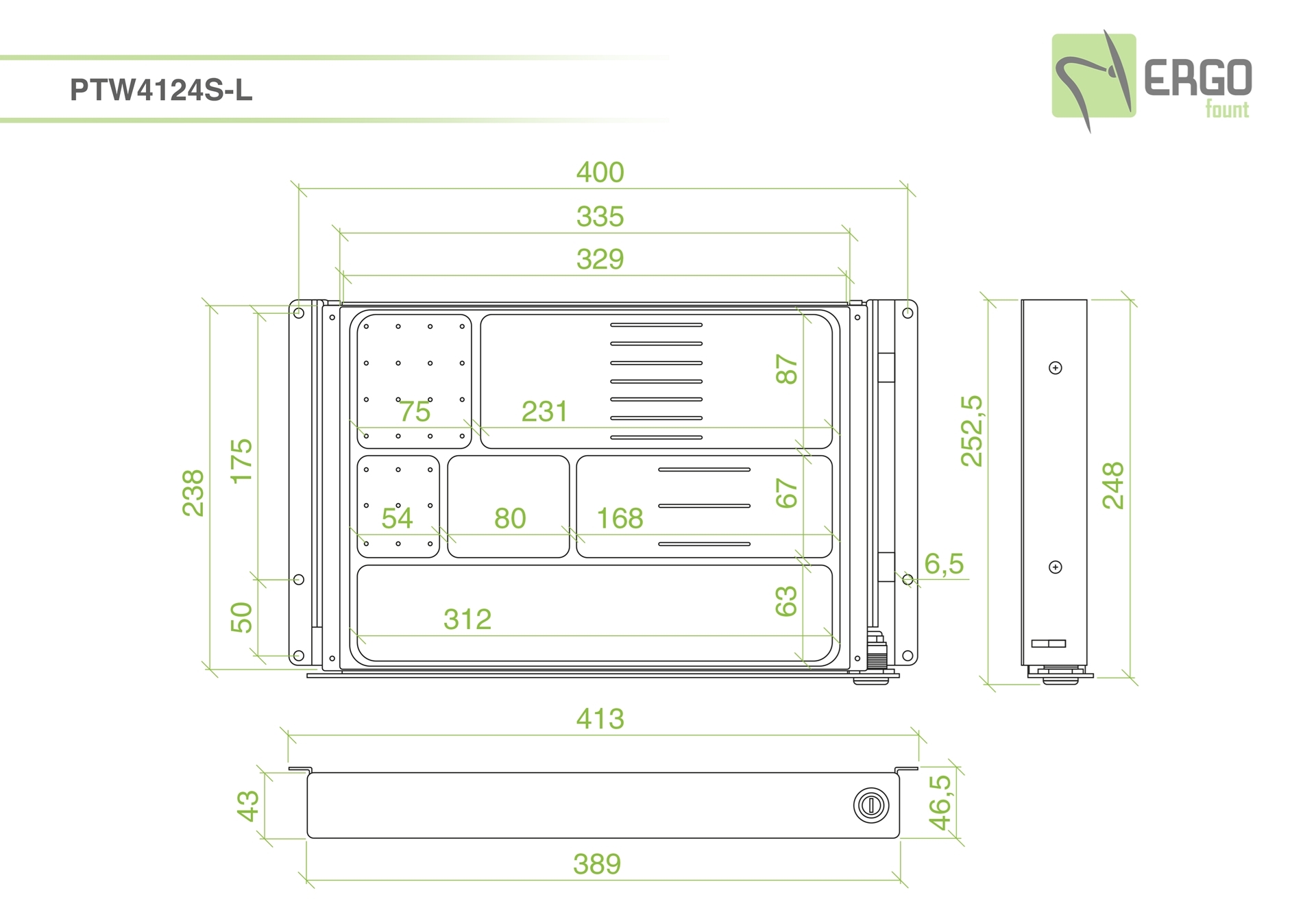 ErgoFount PTW4124S-L - Выдвижной ящик-органайзер с замком для канцелярских принадлежностей под стол, средний, серебристый