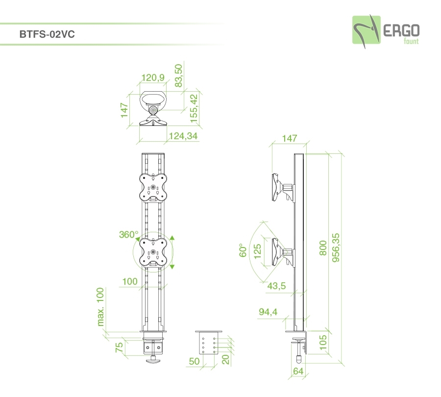 ErgoFount BTFS-02VC - Настольное крепление для 2 мониторов диагональю до 30’’ с изменяемой высотой, зажим типа C, макс. нагрузка 24 кг