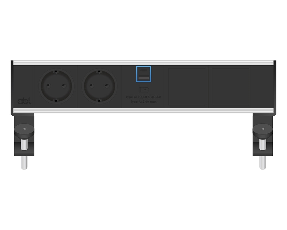 ABL 2A200205 - Настольная розеточная станция серии Flexi с 2 розетками, 1xUSB-A, 1xUSB-C и 2 слотами для IMP, черная с серебристым