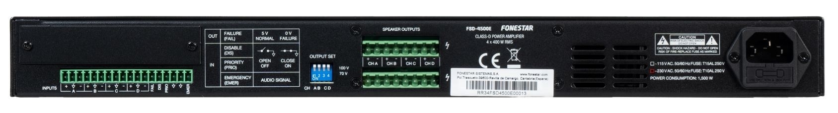 Fonestar FSD-4500E - Усилитель мощности 4x400 / 2х480 Вт – 70/100 В, слот для карты Dante